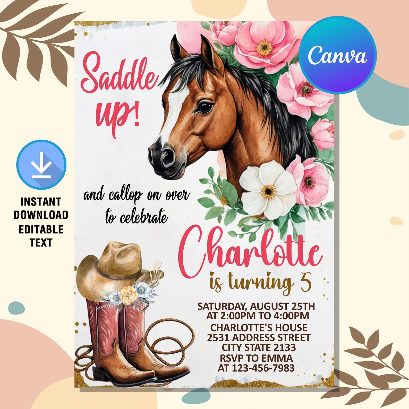 Cowgirl Birthday Invitation,horse Birthday Invite,cowgirl Horse