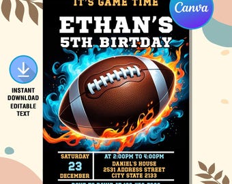May include: A black and blue birthday invitation with a football on fire. The text reads "It's Game Time Ethan's 5th Birthday". The invitation includes the date, time, and location of the party. RSVP to David at 123-456-7983.