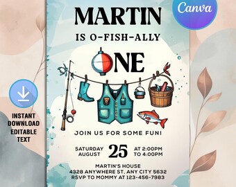 Może przedstawiać: Zaproszenie z motywem wędkarskim. Tekst brzmi "MARTIN IS O-FISH-ALLY ONE". Projekt zawiera ilustracje sprzętu wędkarskiego, wędkę, buty, kamizelkę i rybę. Data to 25 sierpnia, w godzinach od 14:00 do 16:00.