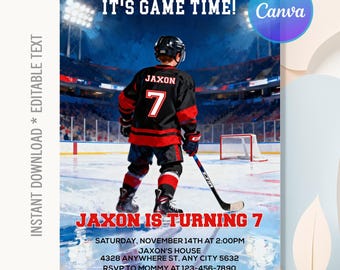 May include: A digital invitation for a hockey-themed birthday party. The design features a young hockey player in a black and red jersey with the name "Jaxon" and the number "7". Text includes "It's Game Time!" and "Jaxon is Turning 7".