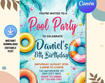 Pool Party Birthday Invitation,Pool Party Invitation,Swimming Birthday Party,Summer Birthday Party,Editable Canva Template