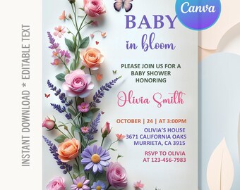 Inbjudan till Baby in Bloom, inbjudan till babyshower med vintageblommor, inbjudan till babyshower med fjäril och vildblommor, direktnedladdning, redigerbar text på canvas