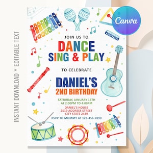 May include: A colorful birthday party invitation with musical instruments and the text "Dance, Sing & Play" to celebrate Daniel's 2nd birthday. Includes details for the party, such as the date, time, and location. The invitation is a digital download.