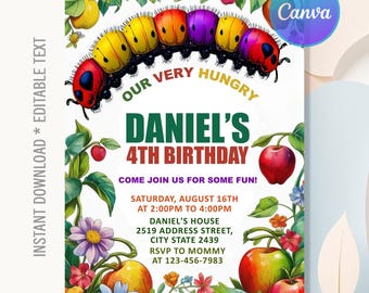 Very Hungry Caterpillar Birthday Invitation,Caterpillar Birthday Party,Caterpillar Invitation,Instant Download,Editable Text Canva