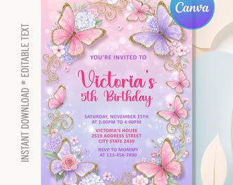 May include: A digital invitation for Victoria's 5th birthday, featuring a pastel color scheme with pink and purple hues. The design includes butterflies, floral accents, and gold embellishments. Text reads "You're Invited to Victoria's 5th Birthday".