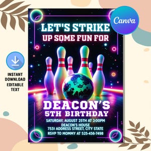 Bowling Birthday Invitation,Glow Bowling Invitation,Neon Bowling Party,Bowling Birthday Party,Glow Invite,Instant Download,Editable Canva