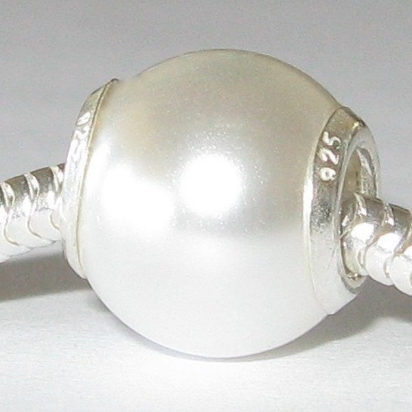 White Freshwater Pearl and Sterling Silver Bead for Pandora Style Bracelets and Necklaces