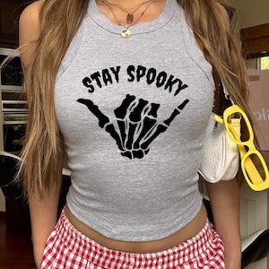 Stay Spooky Racerback | Shaka Sign Halloween Tank Top | Spooky Vibes Tee | Funny Scary Top | Trendy Fall Graphic Apparel