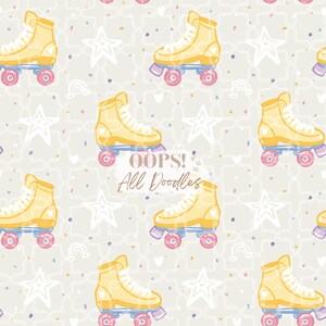 Puede incluir: Un patrón sin costuras con patines amarillos con ruedas rosas, estrellas blancas y confeti de colores sobre un fondo gris claro. El texto "OOPS! All Doodles" está escrito en marrón.