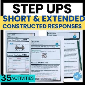 May include: A set of three printable worksheets for teaching students how to write short and extended constructed responses. The worksheets include the terms "SCR to ECR" and "Quick Check 3".