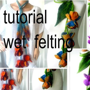 Könnte beinhalten: Ein Tutorial zum Nassfilzen wird gezeigt, das einen handgefertigten Schal mit Filzblumen- und Blattdetails zeigt. Der Schal hat orange, blaue und lila Blumen mit grünen Blättern. Der Text "tutorial wet felting" ist auf dem Bild überlagert.