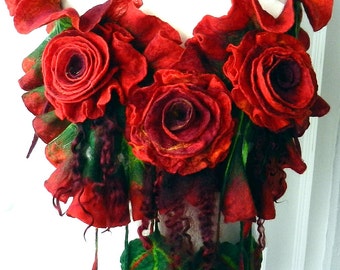 Felted  Merino wool scarf -gift  for  her-roses-