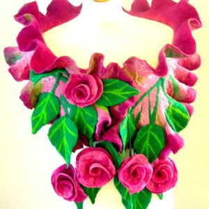 hand Felted, wool Jewelry felted woman ART scarf-- PINK ROSES --