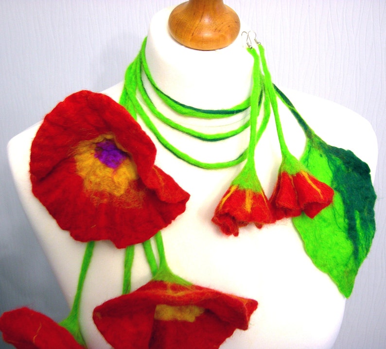 felted Flower, Hand Felted, Wool Jewelry felted scarf/ necklace /BELT and earrings image 5