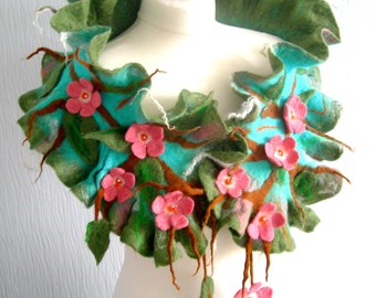 Hand Felted, Wool Jewelry felted woman ART scarf -sakura  blossom  -