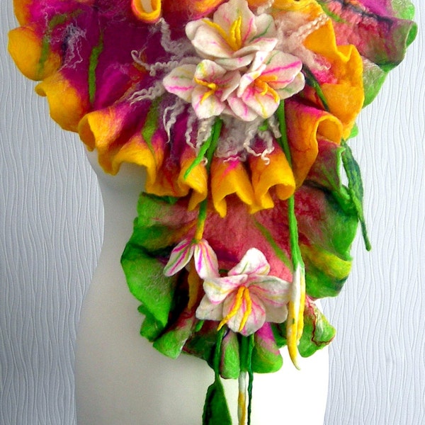 Felted, Wool felted woman ART  - scarf on silk   -SPRING  FLOWERS-