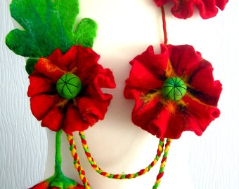 Felted Flower, Hand Felted, Wool Jewelry felted NECKLACE and  brooch - POPPY- -