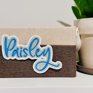 May include: A brown and beige fabric storage box with a white fabric label that says "Paisley" in blue cursive lettering.