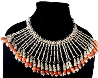 STATEMENT NECKLACE,Large Silver Fringe Necklace,Bib Necklace,Carnelian Gemstones Jewelry,OOAK by Taneesi