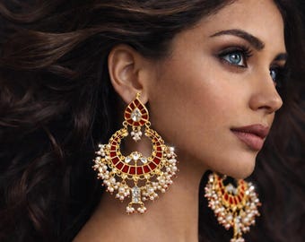 Gold Kundan earrings,Red Gold kundan earrings,Chandelier earrings,Indian jewellery, Ethnic Jewelry by Taneesi