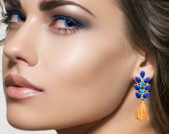 Lapis earrings-Blue & Orange Tassel earrings-Chandelier Earrings-ethnic Jewelry -Branch earrings-Minimalist tassel earring by Taneesi