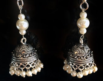 PEARL JHUMKA Earrings,Silver Pearl dome earrings Ethnic Boho ,Tribal Jhumkis,Indian Jewelry Taneesi