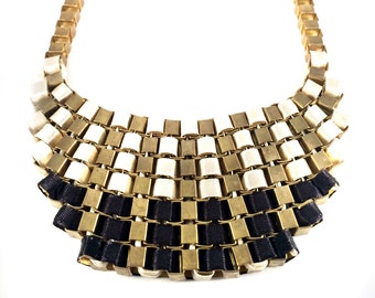 Black gold Bib Necklace, Unique Gold Statement necklace,chunky Jewelry Etsy, Unique rare Art deco jewelry by Taneesi