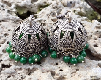 southwestern style earrings,tribal silver jhumka earring, silver Bell green beaded  Indian,Dome earring,Temple Ethnic Jewellery bohemian