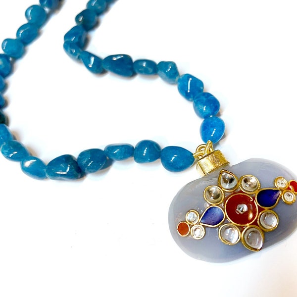 Blue  red Onyx Necklace, Onyx Kundan Necklace designer, Gold wirework , Pendant Necklace by Taneesi Jewelry