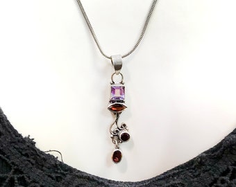 Sterling silver Necklace chain,925 Fine Jewelry, gemstone Necklace, Red Garnet Purple Amethyst pendant Necklace handmade OOAK