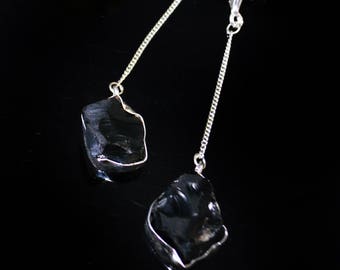 Black Onyx silver earrings-Dangle earrings-bezel set-Minimalist modern earrings-Drusy earring post-druzy jewelry Taneesi