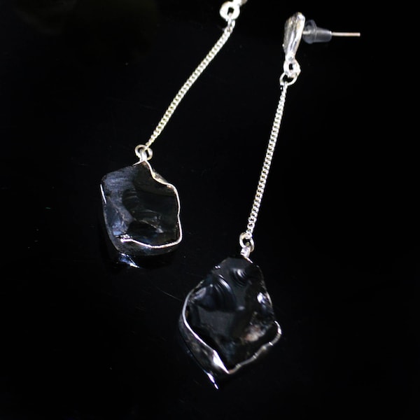 Black Onyx silver earrings-Dangle earrings-bezel set-Minimalist modern earrings-Drusy earring post-druzy jewelry Taneesi