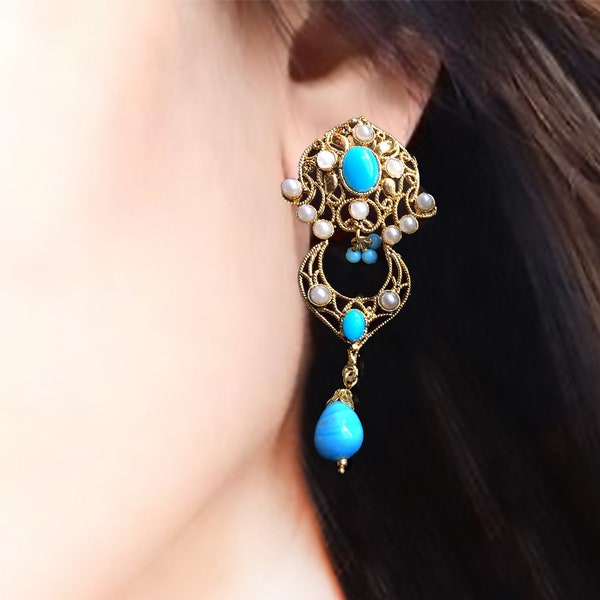 Turquoise Gold Earrings-Bridal Earrings-Kashmiri wedding Jewelry-Bridal collection-Turquoise pearl earrings-Pearl Jewelry by Taneesi YEP243T