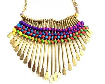 Gold Plated Fringe Bib Necklace, Multicolored Silk Inlay, Statement Jewelry