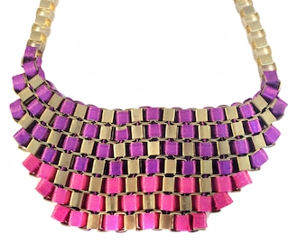 CLEARANCE SALE Gold bib Necklace-Metal link necklace ,purple Pink- gold  chain,Museum style unique necklace,Statement jewelry