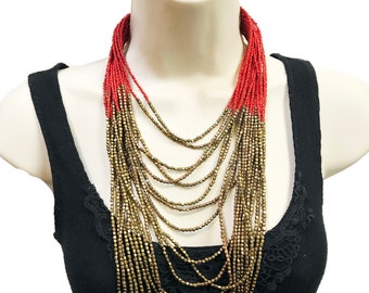 Long Boho Necklace, beaded  Gold Layered Necklace, turquoise, red, black & Navy statement necklace,Bohemian jewelry, Gold bib, beach jewelry