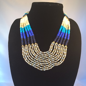 CLEARANCE SALE Blue white & Gold bib Necklace,Statement Jewelry,Gift for her Jewelry,vibrant colors Necklace,Bohemian jewelry by Taneesi
