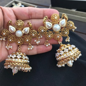 SALE 50% OFF Pearl gold Chandelier Earrings,Jhumkas,Turkish filigree earrings, Victorian, Indian wedding jewellery-Royal ethnic