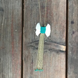 Gold fringe Necklace,white tassel Turquoise Gold Long Necklace,Lariat,boho Statement Jewelry,bohemian necklace by Taneesi