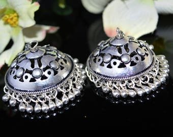 Silver tribal Earrings,Kucchi Bell Jhumkas,Ethnic Silver Jewellery,Earrings Chandelier,Temple Indian Jewellery by Taneesi Jewelry  YJ238S