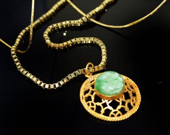 Gold Necklace,Jade Gold Necklace,gemstone jewelry,Filigree gold pendant necklace earrings set ,modern minimalist jewelry by Taneesi