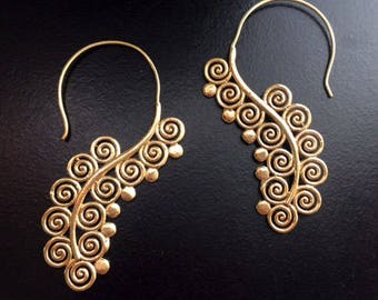 Gold Bohemian earrings-Spiral earring,Threader earrings-Long hook earring-Etsy Jewelry,BOHO Tribal Brass earrings,ethnic bedouin
