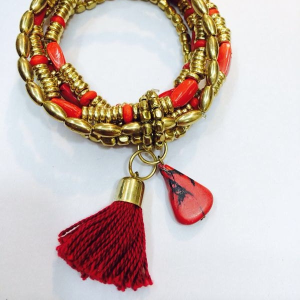 CLEARANCE SALE Holiday Tassel bracelet,red & gold stacking Bracelet,Beaded wrap Bracelet,stack Bracelet,Boho chic  jewelry by TANEESI
