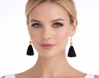 Pendientes de borlas de seda negra, joyería bohemia, hechos a mano