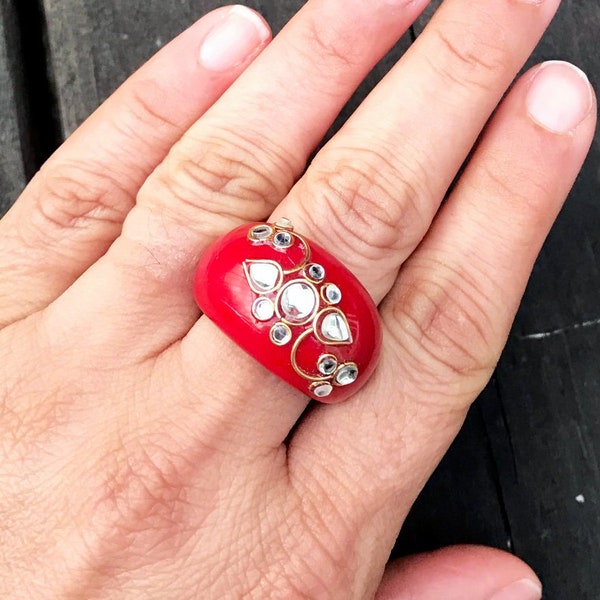 Red Kundan Ring,Fusion Jewelry,Bespoke Ring,US Size 8 ring, Unusual rare Jewelry, Indian Kundan ring, Wedding Jewelry by Taneesi