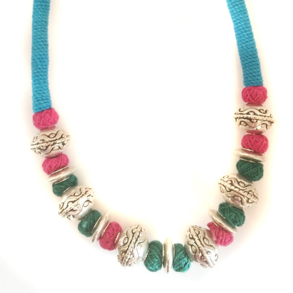 Vintage tribal bib, Indian Bohemian Necklace, Hot pink & blue, Silver beaded Choker, Collar, Thread  rare finds by Taneesi