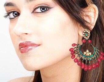 ruby kundan Chandelier Earrings,green Red gold Kundan ,22K Gold vermeil Earrings,.925 sterling silver Indian royal jewellery by Taneesi