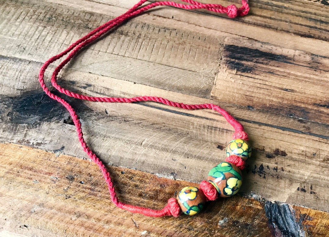 Red Wood Bead- Hand Painted, Enameled , Necklace Red Cotton String ...