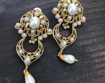 Pearl Chandelier Earrings, White Gold Bridal Earrings,Gold plated-Kashmiri wedding Jewelry-Bridal collection by Taneesi YEP243P