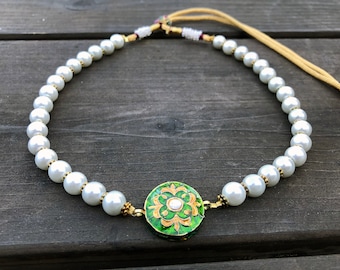 Kundan Pearl Choker necklace-Green Gold bib necklace,Kundan Jewelry, Nizam Jewelry dainty  Pearl Necklace fusion Statement Jewelry TANEESI